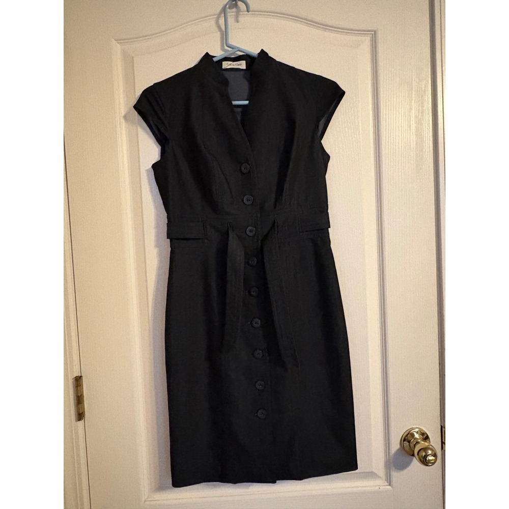 Calvin Klein Sheath Dress Women 6 Black Excellent Button Tie Waist Mock Neck